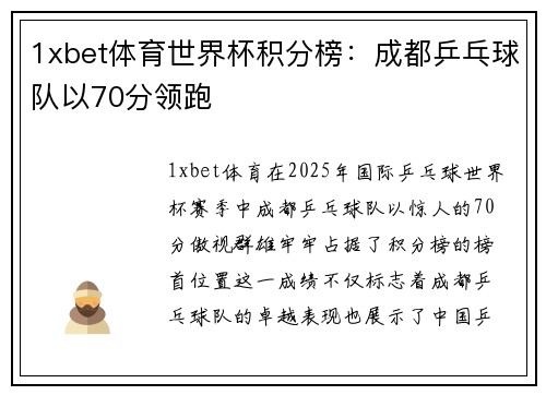 1xbet体育世界杯积分榜：成都乒乓球队以70分领跑